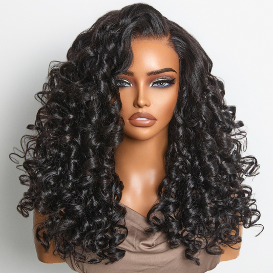 Luvme Hair 5x5 closure curly wig with layered bouncy curls, glueless lace, breathable cap, and 180% density.