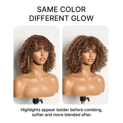 Luvme Hair ash blonde curly lace wig with water wave style, bangs, minimal lace, glueless fit, and natural scalp appearance.