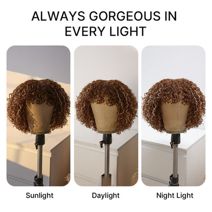 Luvme Hair ash blonde curly lace wig with bangs, water wave style, minimal lace, glueless fit, beginner-friendly, true scalp design