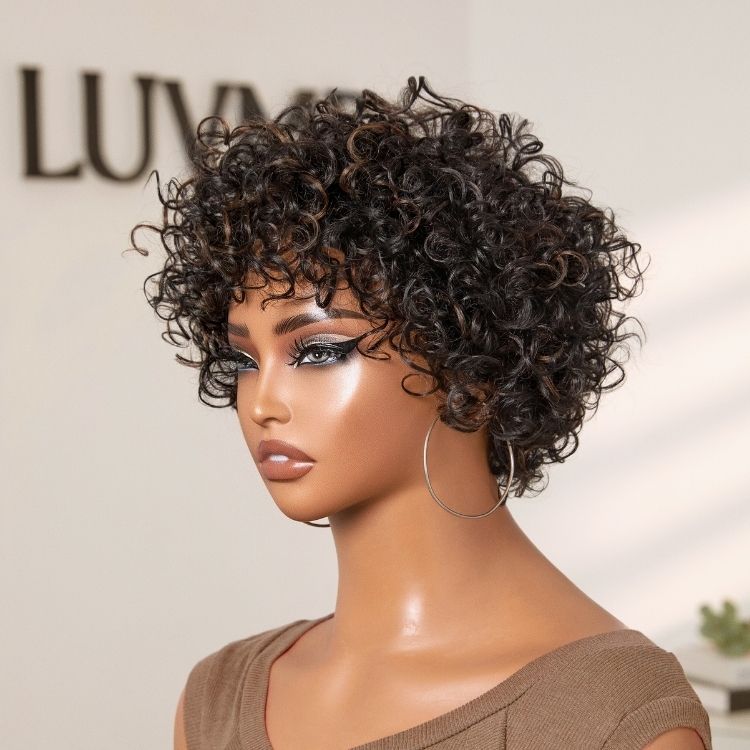 Luvme Hair throw-on and-go brown highlight black short bouncy curl wig with bangs, glueless, 100% human hair.