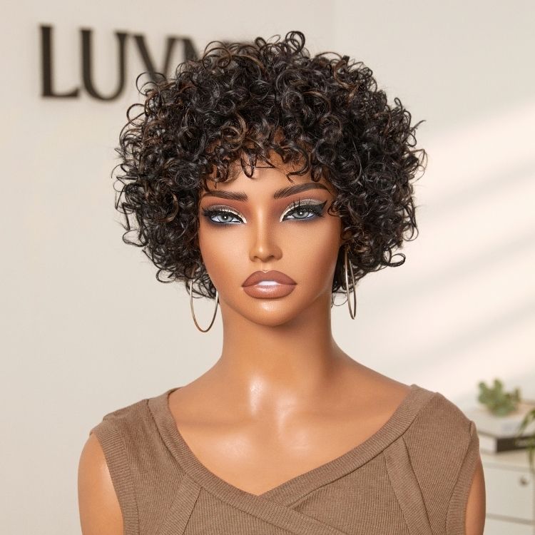 Luvme Hair brown highlight and natural black short bouncy curls glueless human hair wig with bangs, ready to wear.