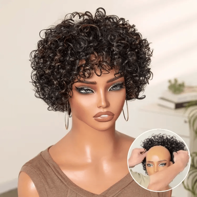 Luvme Hair glueless wig with short bouncy curls, bangs, in natural black with brown highlights, made from 100% human hair.
