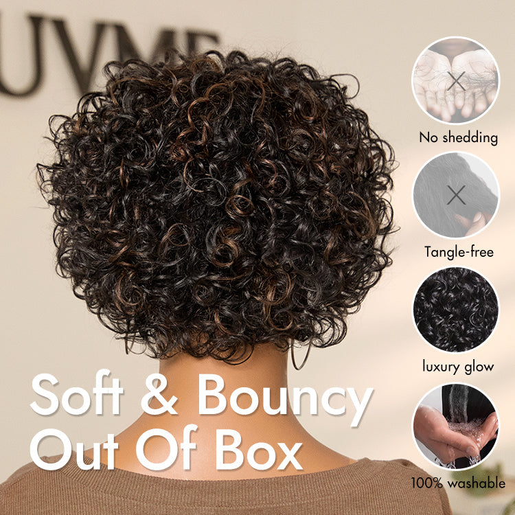 Luvme Hair throw-on short wig with natural black bouncy curls, bangs, and brown highlights, made of 100% human hair.