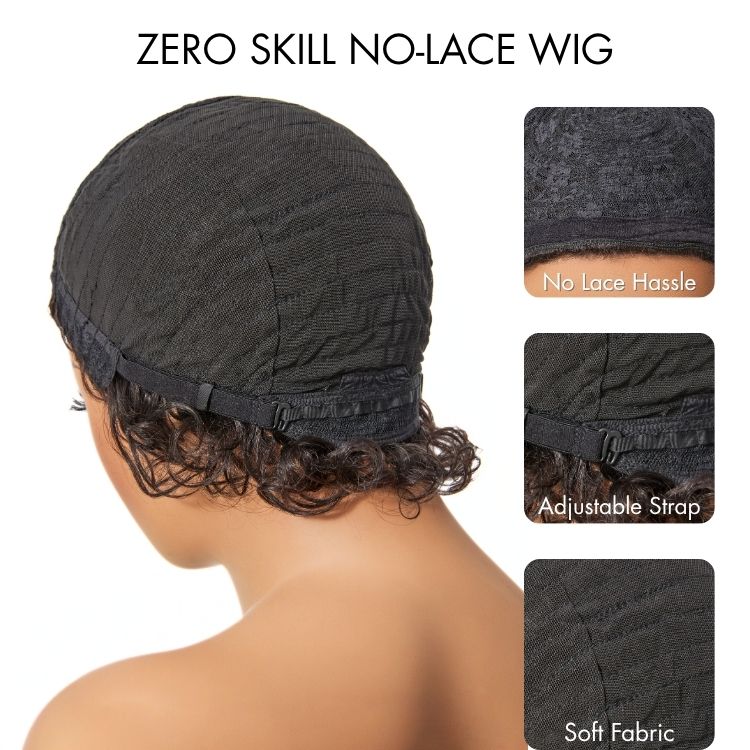 Luvme Hair throw on & go glueless wig with short bouncy curls, natural black highlights, bangs, 100% human hair, US style