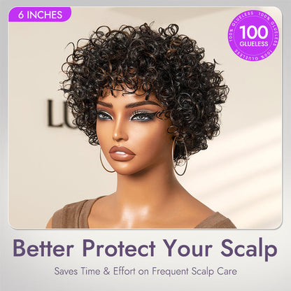Luvme Hair glueless wig with short bouncy curls, natural black with brown highlights, featuring bangs, 100% human hair.