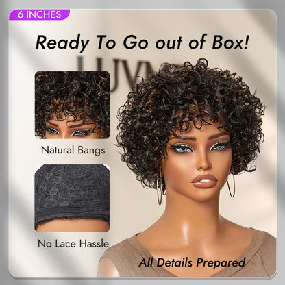 Luvme Hair brown highlight and natural black short bouncy curls glueless wig with bangs, 100% human hair, ready to wear.