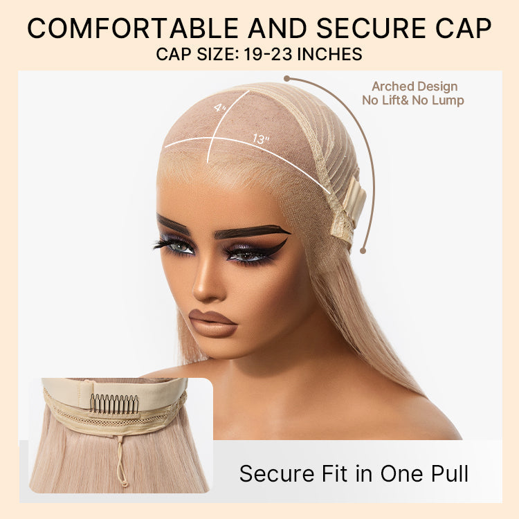 Luvme Hair NatureMAX™ Ash Blonde Silky Straight Lace Front Wig with 13x4 HD lace, pre-cut lace, glueless design, and flexible drawstring cap