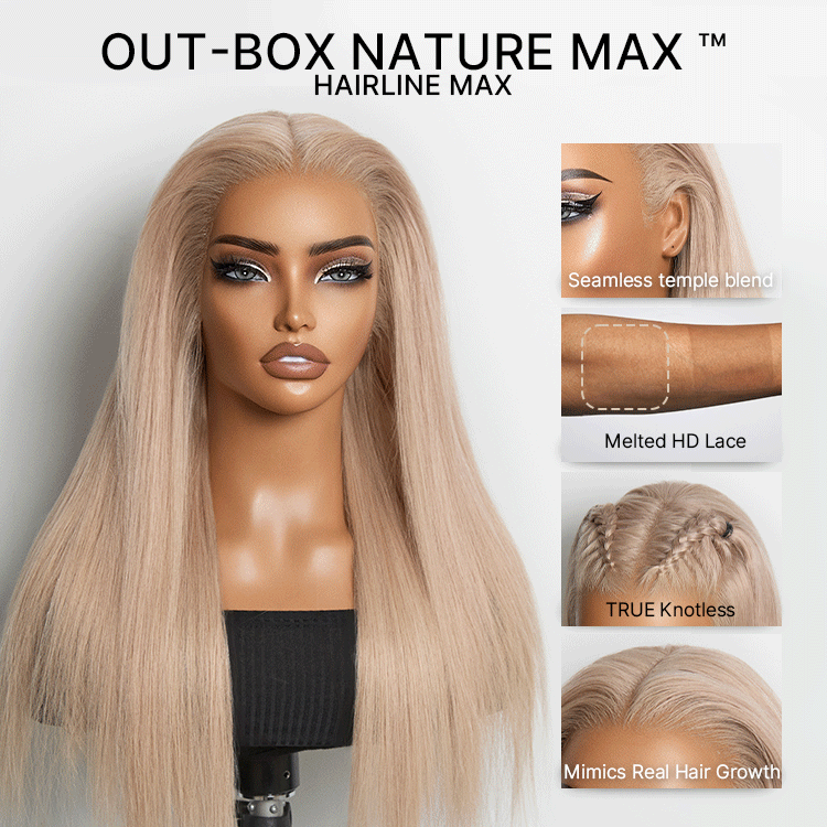 Luvme Hair NatureMAX ash blonde silk straight 13x4 lace front wig with pre-cut lace and adjustable drawstring cap, glueless style