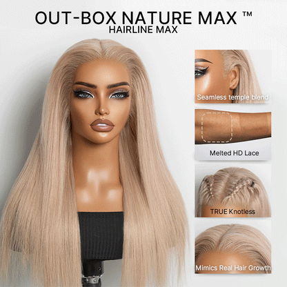 Luvme Hair NatureMAX ash blonde silk straight 13x4 lace front wig with pre-cut lace and adjustable drawstring cap, glueless style