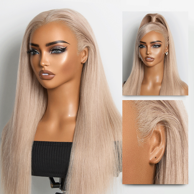 Luvme Hair NatureMAX™ Ash Blonde Silky Straight Lace Front Wig with 13x4 HD lace, glueless cap, and pre-cut lace.