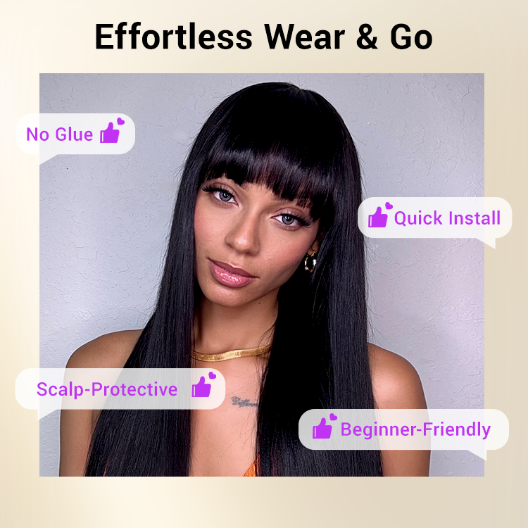 Luvme breathable minimalist lace wig with straight Yaki texture, long length, natural color, and bangs, designed for a seamless fit.