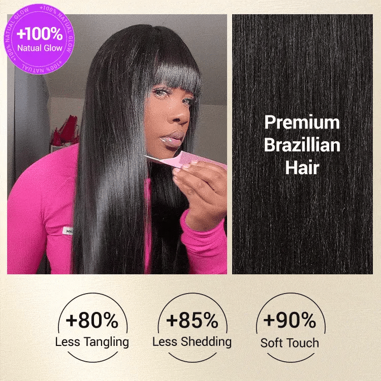 Luvme breathable minimalist lace wig with long Yaki straight hair, natural look, bangs, and lightweight design.