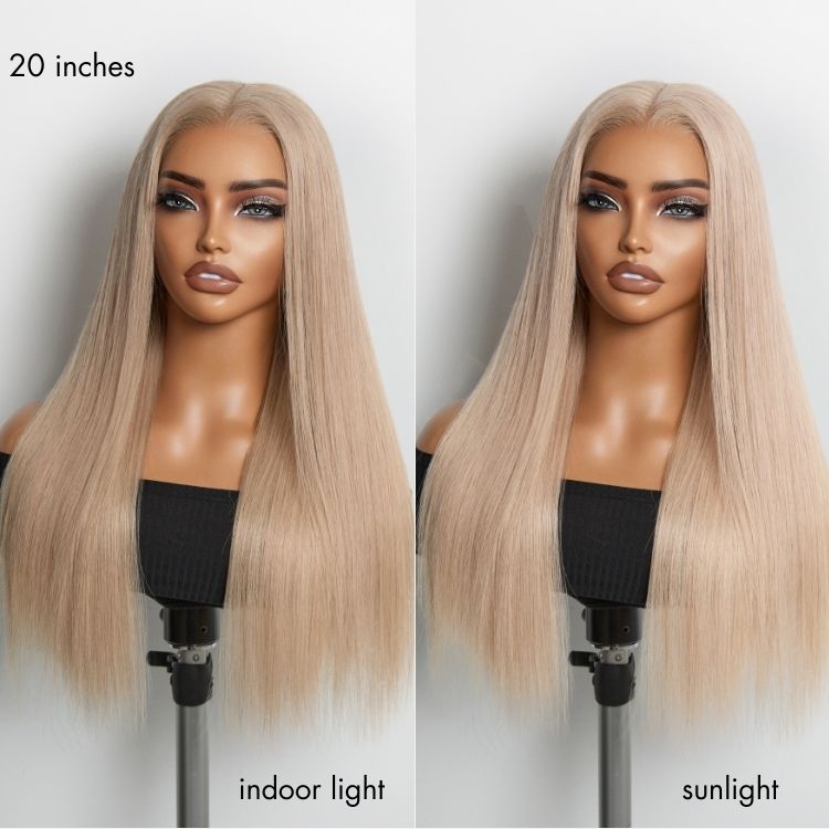 Luvme Hair NatureMAX™ ash blonde 13x4 lace front wig with straight silkiness, pre-cut lace, and flexible drawstring cap.
