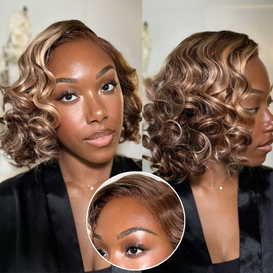 Ash blonde highlight short wavy lace wig by Luvme Hair with loose waves and pre-cut lace for a seamless, natural look.