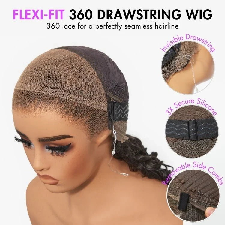 Luvme full lace wig with natural black body wave hair, free parting, half up half down style, pre-cut lace, and invisidrawstring cap