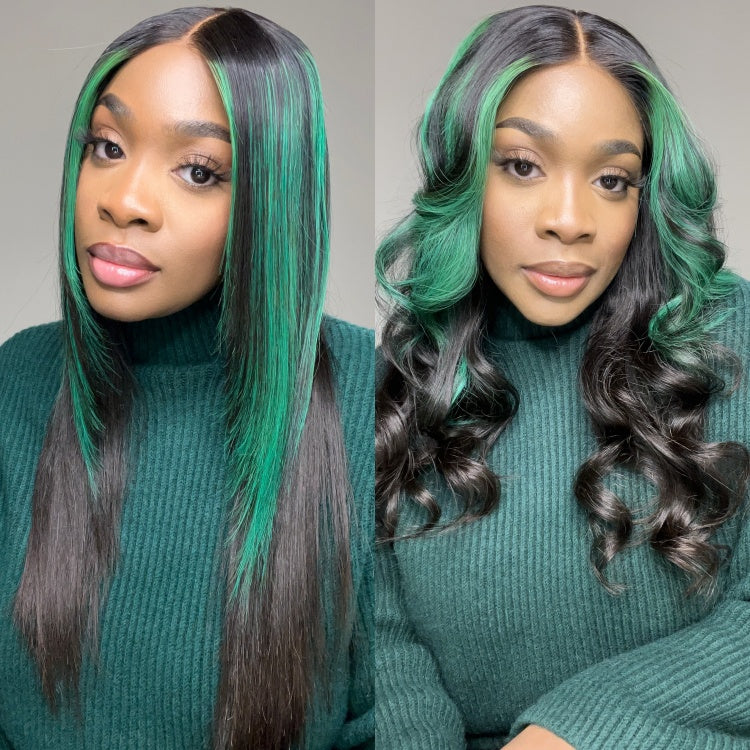 Green-highlight silky straight 5x5 closure lace wig by Luvme Hair, featuring glueless design and available in large and small cap sizes.