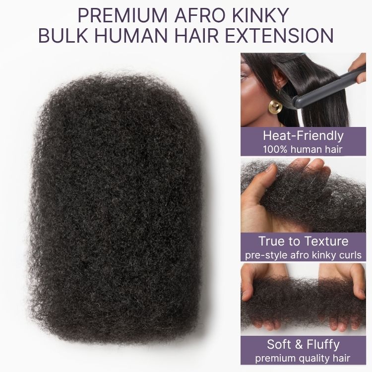 Luvme Hair Readitress Afro Kinky Bulk Human Hair for dreadlock extensions, twists, and braids in natural black color.