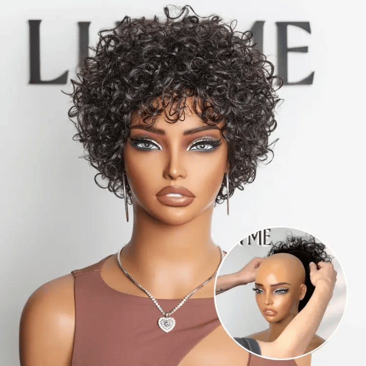 Luvme Hair glueless wig with short bouncy curls, natural black highlights, bangs, 100% human hair, ready to wear.