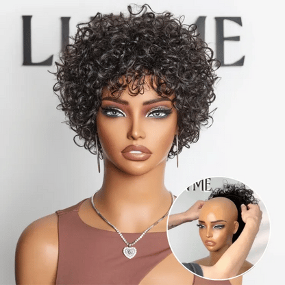 Luvme Hair glueless wig with short bouncy curls, natural black highlights, bangs, 100% human hair, ready to wear.