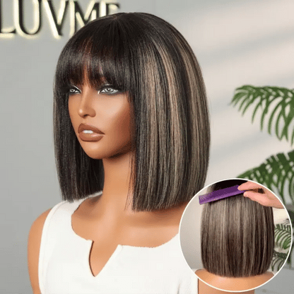 Luvme Hair blonde highlight Yaki straight blunt cut bob wig with bangs, glueless lace short wig for a stylish, easy-to-wear look