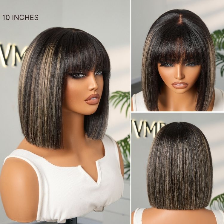 Luvme Hair blonde highlight Yaki straight bob wig with blunt cut, bangs, glueless lace, short length, minimalistic style