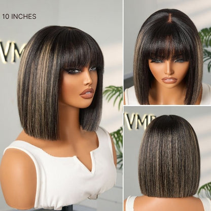Luvme Hair blonde highlight Yaki straight bob wig with blunt cut, bangs, glueless lace, short length, minimalistic style