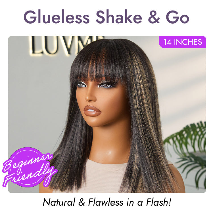 Luvme Hair blonde highlight yaki straight bob wig with blunt cut, bangs, short length, glueless lace, minimalistic style