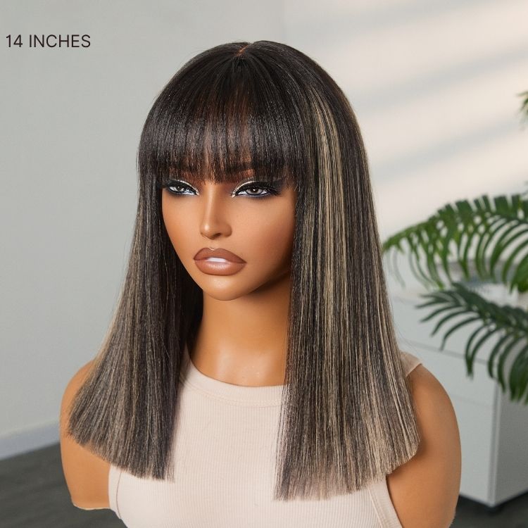 Luvme Hair Put On and Go Blonde Highlight Yaki Straight Blunt Cut Bob Wig with Bangs, glueless lace, minimalist short style