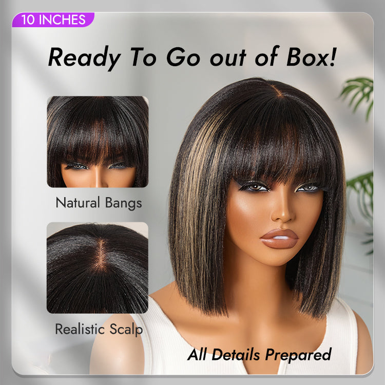 Luvme Hair blonde highlight Yaki straight blunt cut bob wig with bangs, glueless lace short wig for easy wear and natural look.