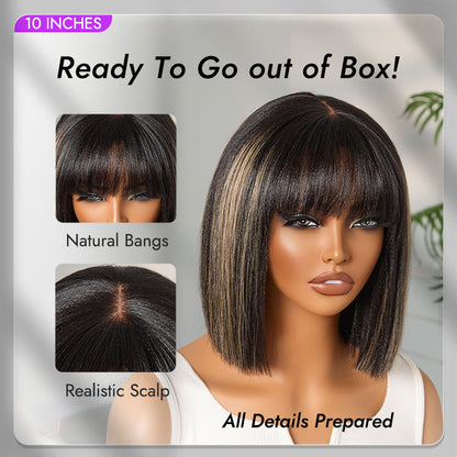 Luvme Hair blonde highlight Yaki straight blunt cut bob wig with bangs, glueless lace short wig for easy wear and natural look.