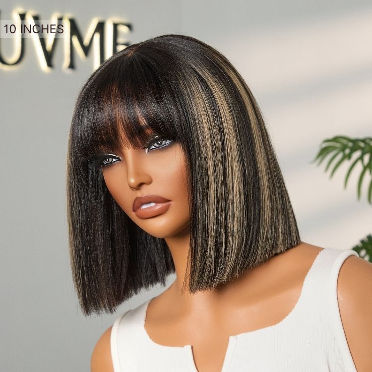 Luvme Hair blonde Yaki straight bob wig with blunt cut, bangs, glueless lace, minimalistic style, short wig for easy wear