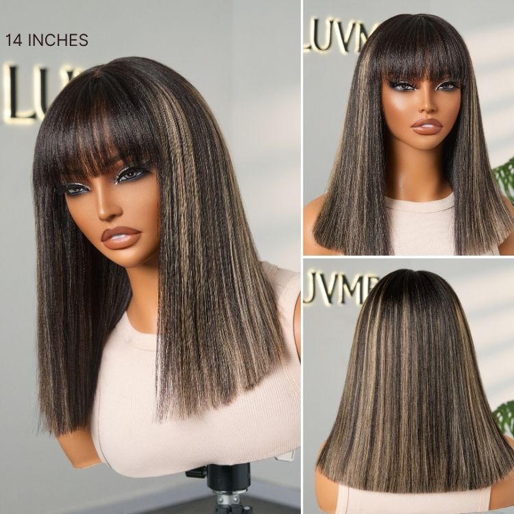 Luvme Hair blonde yaki straight bob wig with blunt cut, bangs, glueless lace, minimalistic style, short length, natural look