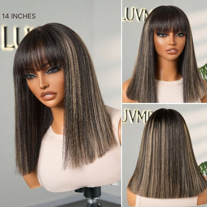 Luvme Hair blonde yaki straight bob wig with blunt cut, bangs, glueless lace, minimalistic style, short length, natural look