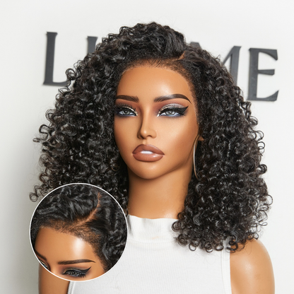 Luvme Hair 4C kinky curly lace front wig with jet black Burmese texture, ear-to-ear wide T lace, and adjustable drawstring cap