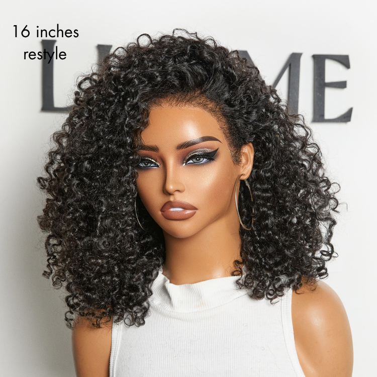 Luvme Hair 4C kinky curly lace front wig with jet black Burmese curls, ear-to-ear lace, and adjustable drawstring cap.