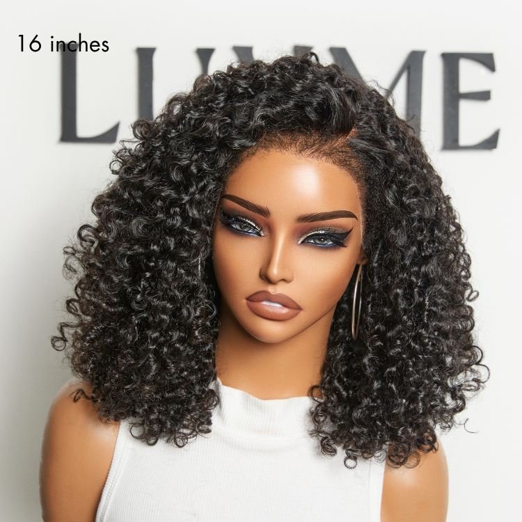 Luvme Hair 4C Kinky Edges jet black Burmese curly lace front wig with ear-to-ear T-part, glueless, flexible drawstring cap