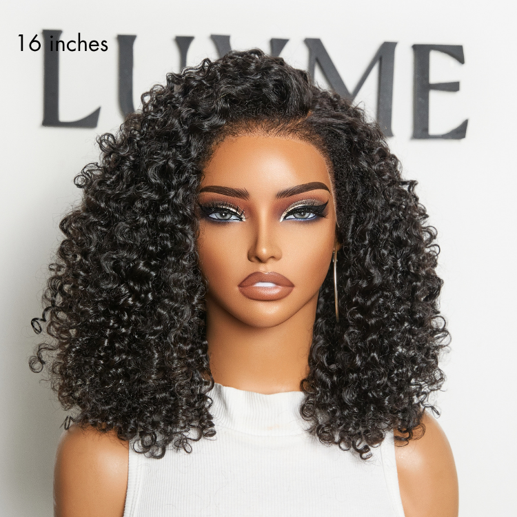 Luvme Hair 4C kinky edges jet black Burmese curly lace front wig with wide T part, ear-to-ear lace, glueless, flexible drawstring cap