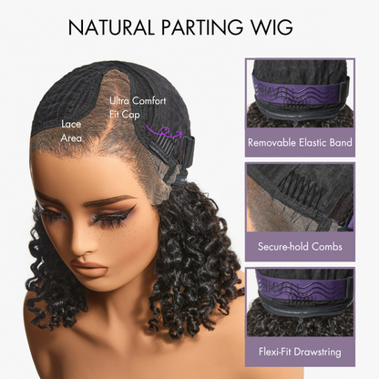 Luvme Hair 4C kinky curly lace front wig with jet black color, ear-to-ear lace, pre-cut edges, and adjustable drawstring cap.
