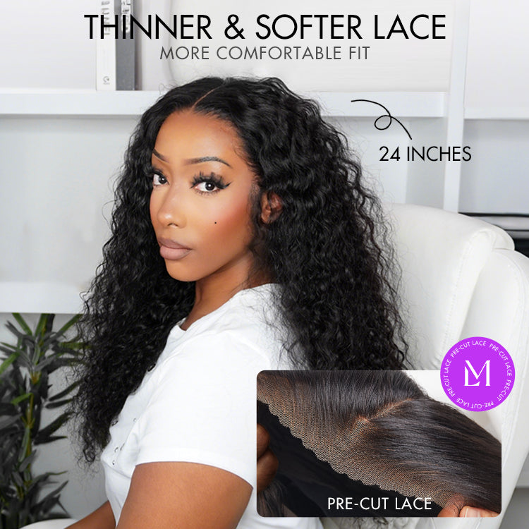 Luvme 13x4 frontal lace human hair wig with 180% density, water wave HD texture, pre-cut lace, and glueless design.