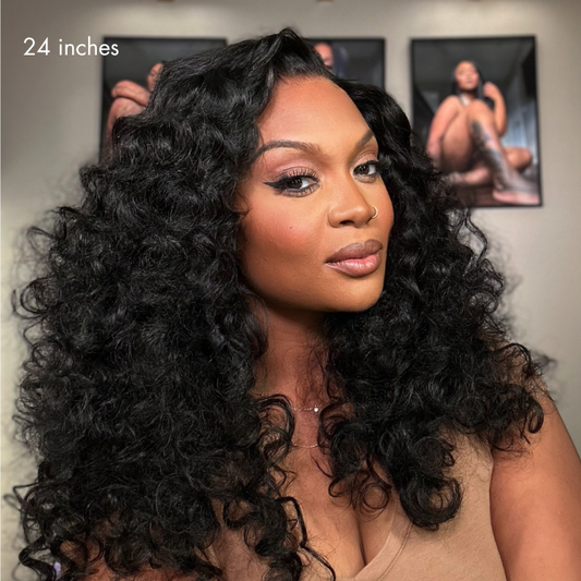Luvme Hair 180% density bouncy curly lace closure wig with layered curls on breathable cap, glueless 5x5 pre-cut lace layer.