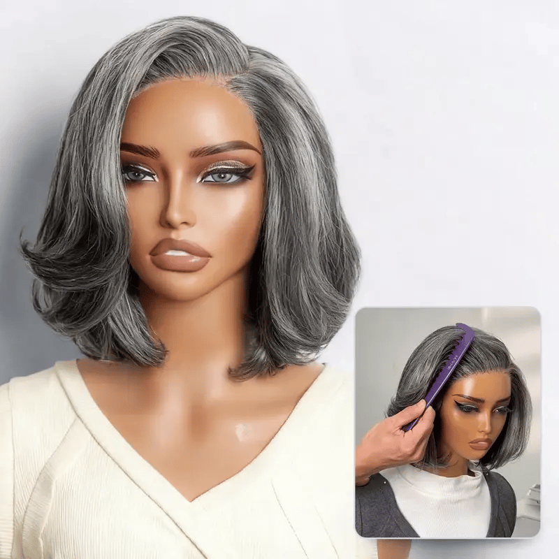 Luvme Hair grey layered bob wig with glueless lace, 100% human hair, pre-cut minimalist lace, and stylish short cut.