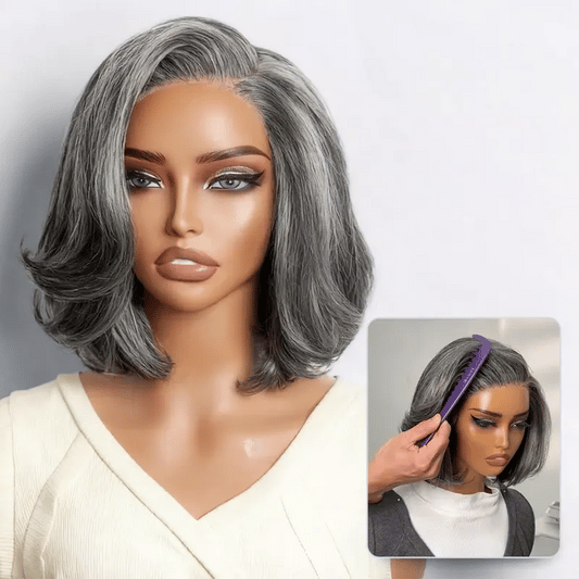 Luvme Hair grey layered bob wig with glueless lace, 100% human hair, pre-cut minimalist lace, and stylish short cut.