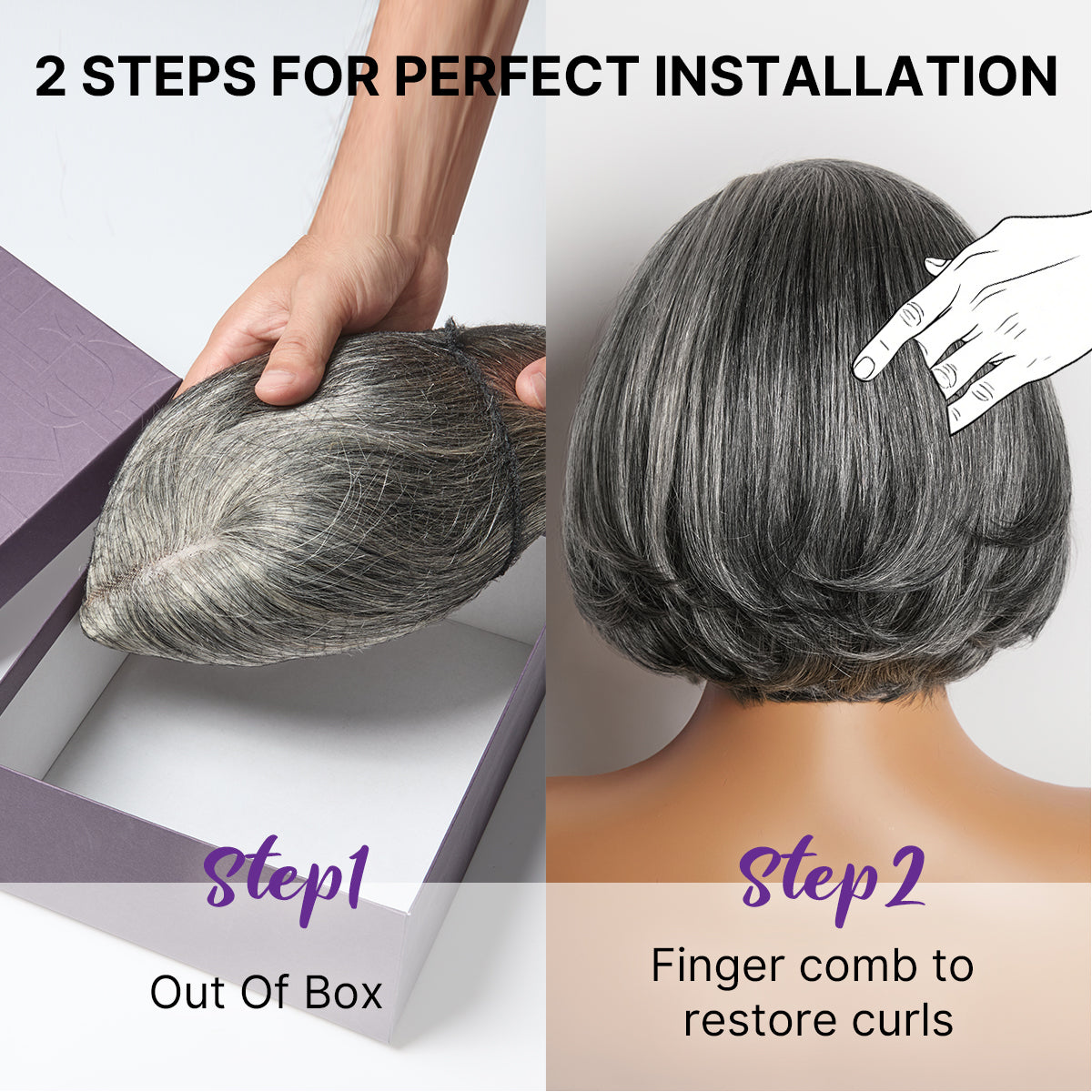 Luvme Hair layered grey bob wig with glueless lace, 100% human hair, pre-cut lace, minimalist style, and natural texture.