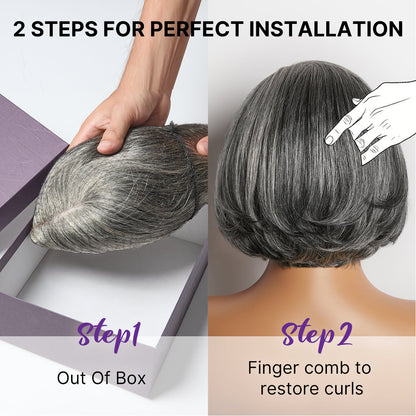 Luvme Hair layered grey bob wig with glueless lace, 100% human hair, pre-cut lace, minimalist style, and natural texture.