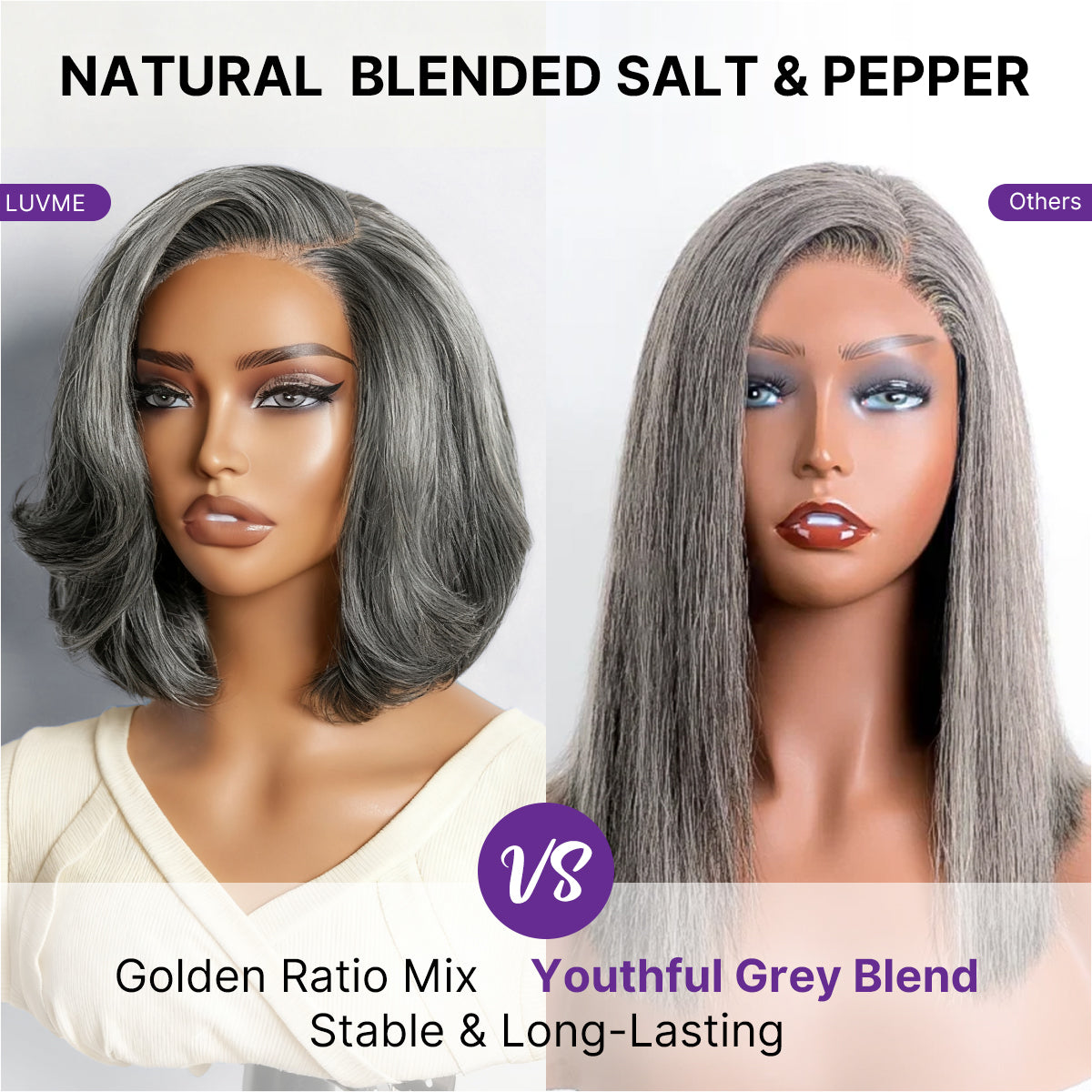 Luvme Hair grey layered bob wig with glueless lace, 100% human hair, minimalist style, pre-cut lace for easy wear.
