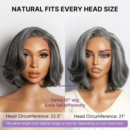 Luvme Hair grey layered bob wig with pre-cut lace, 100% human hair, glueless design, minimalist style for a sleek look.