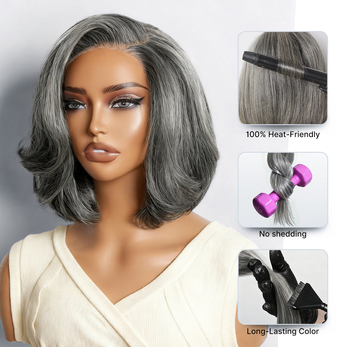 Luvme Hair grey layered bob wig with glueless lace, 100% human hair, pre-cut minimalist lace, and lightweight design.