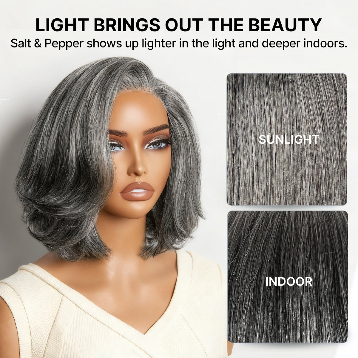 Luvme Hair grey layered bob wig with glueless lace and pre-cut lace, 100% human hair, minimalist style.