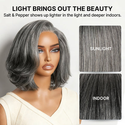 Luvme Hair grey layered bob wig with glueless lace and pre-cut lace, 100% human hair, minimalist style.