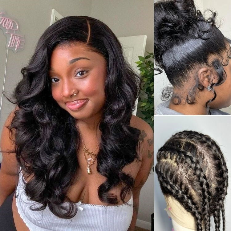 Luvme full lace wig with natural black body wave hair, half up half down style, free parting, and pre-cut lace on invisible drawstring cap